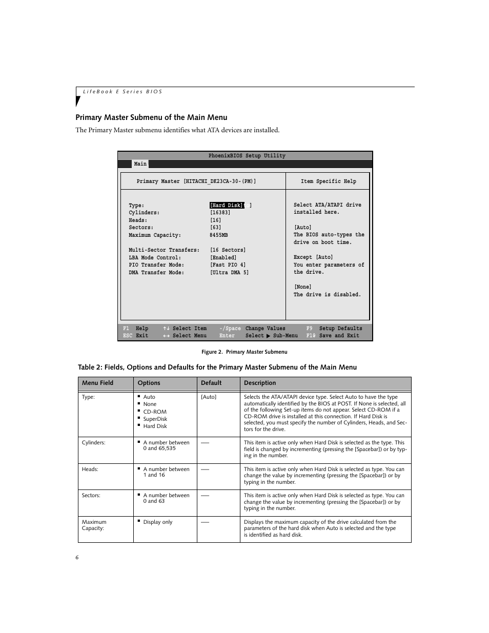 Primary master submenu of the main menu | FUJITSU Lifebook E-6634 User Manual | Page 6 / 32