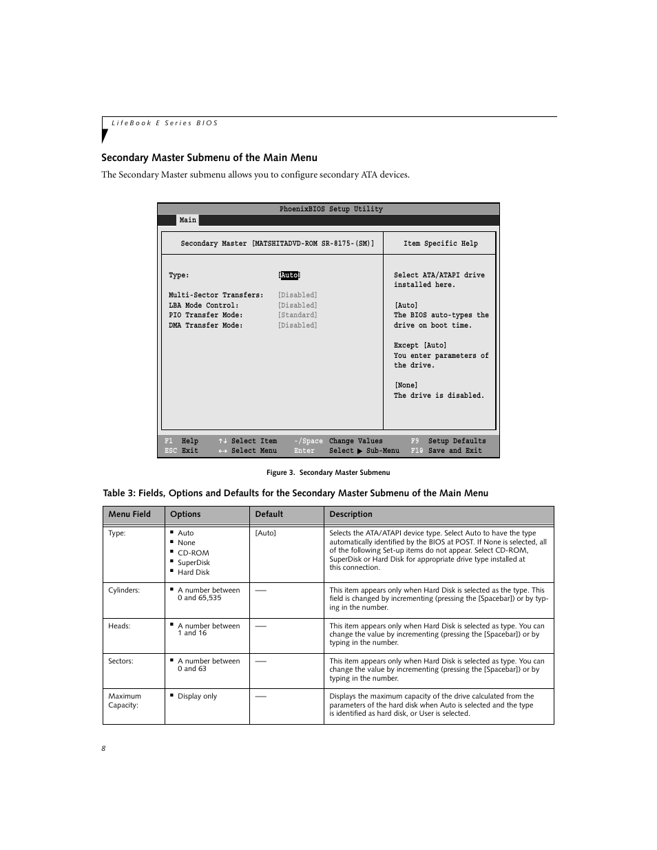 Secondary master submenu of the main menu | FUJITSU Lifebook E-6634 User Manual | Page 8 / 32