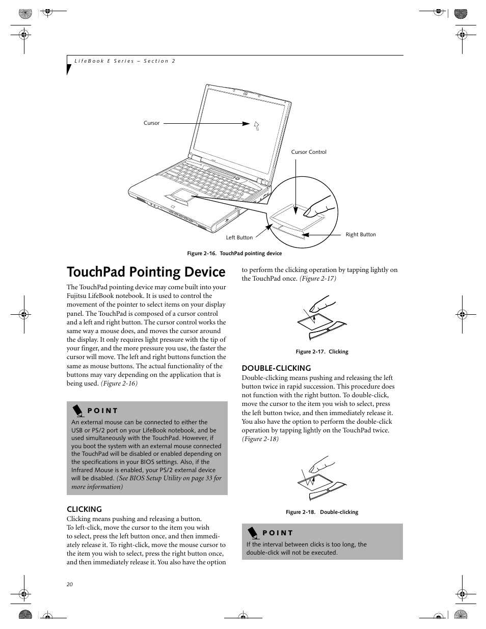 Touchpad pointing device, Clicking double-clicking | FUJITSU E-6664 User Manual | Page 28 / 104