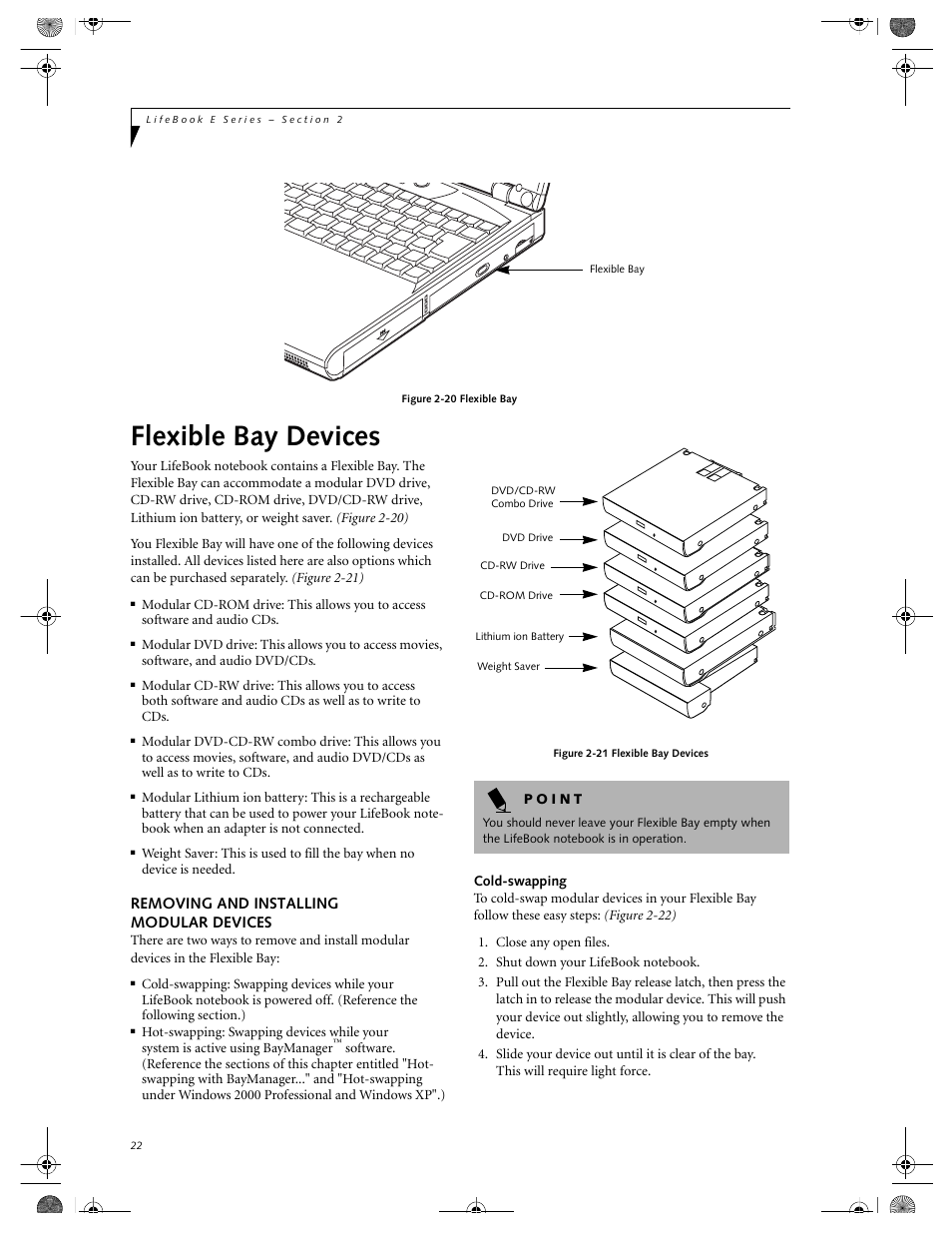 Flexible bay devices, Removing and installing modular devices | FUJITSU E-6664 User Manual | Page 30 / 104