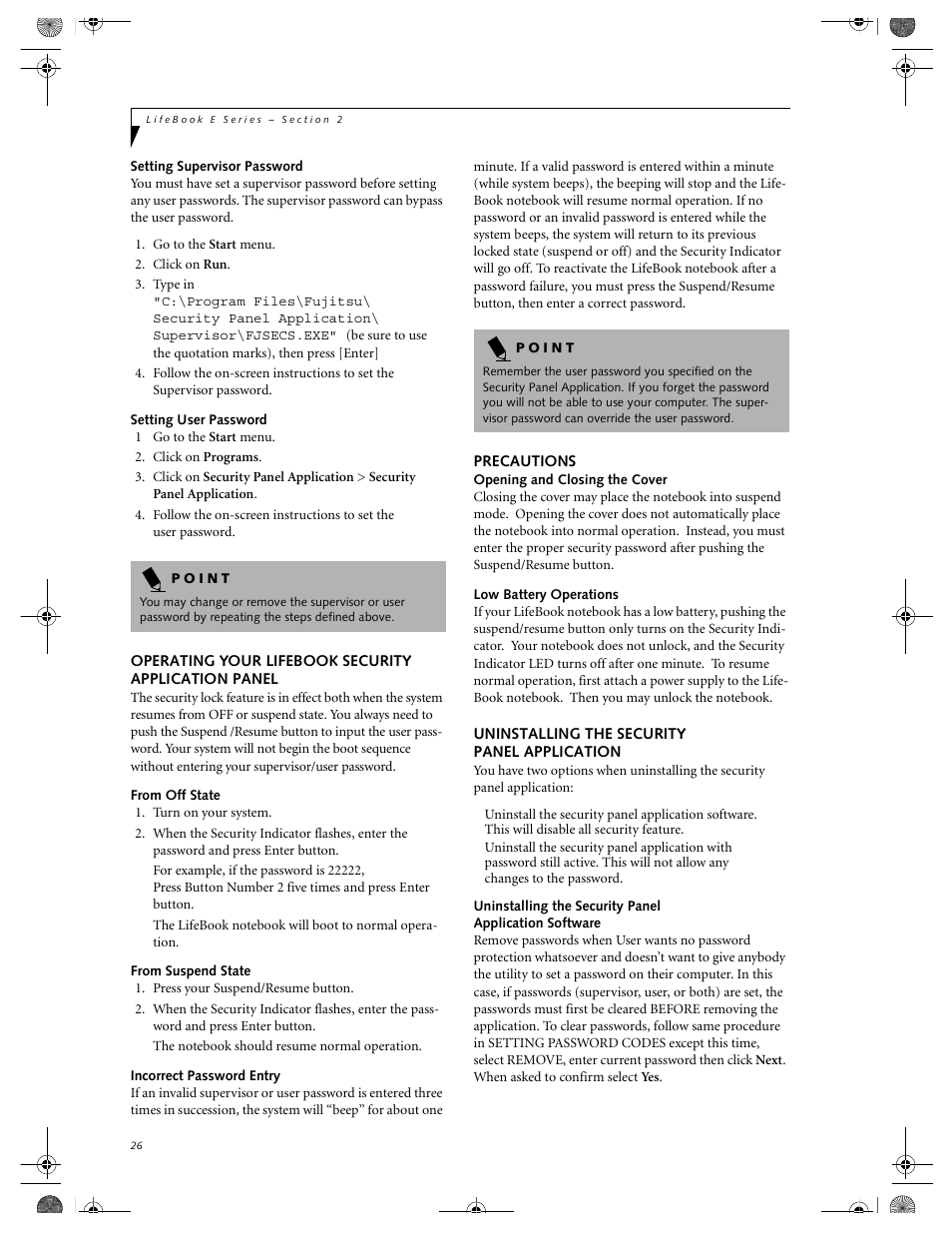 Operating your lifebook, Security application panel | FUJITSU E-6664 User Manual | Page 34 / 104