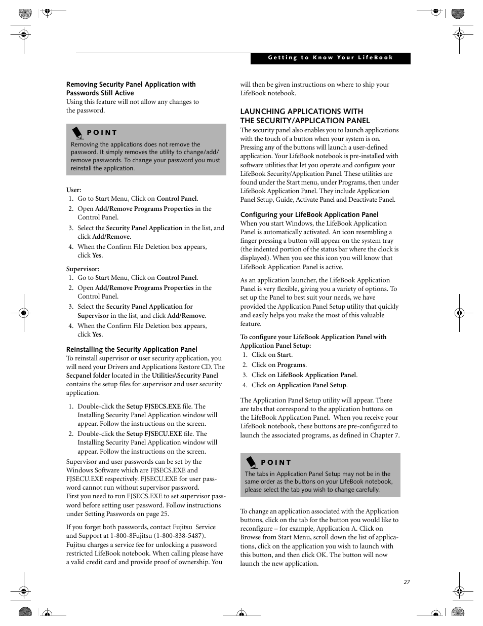 Launching applications with, The security/application panel | FUJITSU E-6664 User Manual | Page 35 / 104