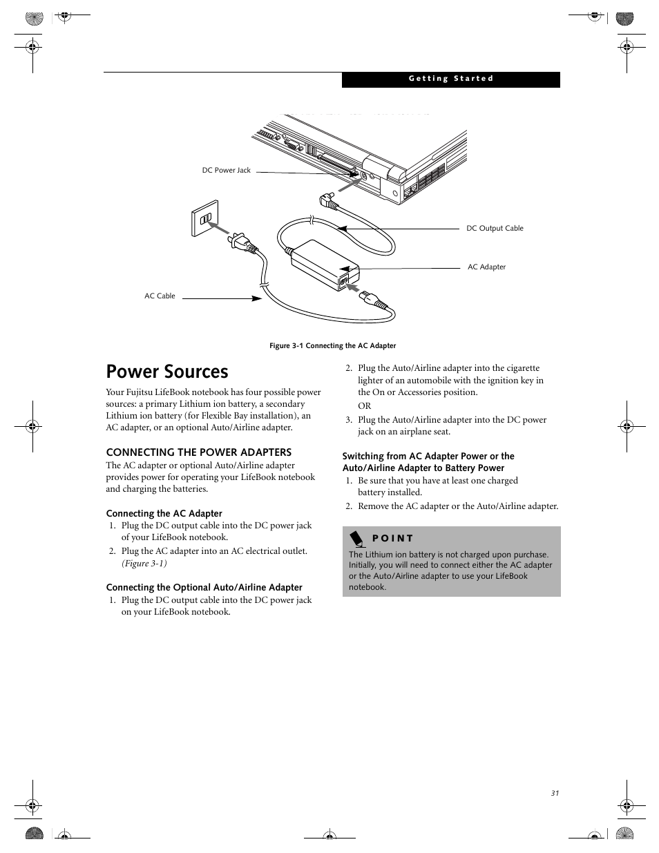 Power sources, Connecting the power adapters | FUJITSU E-6664 User Manual | Page 39 / 104