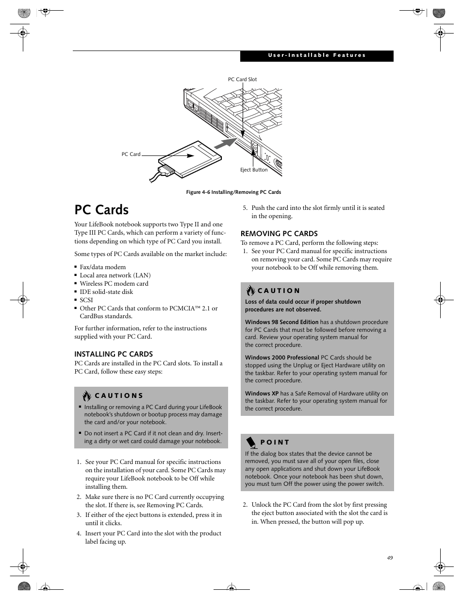Pc cards, Installing pc cards removing pc cards | FUJITSU E-6664 User Manual | Page 57 / 104