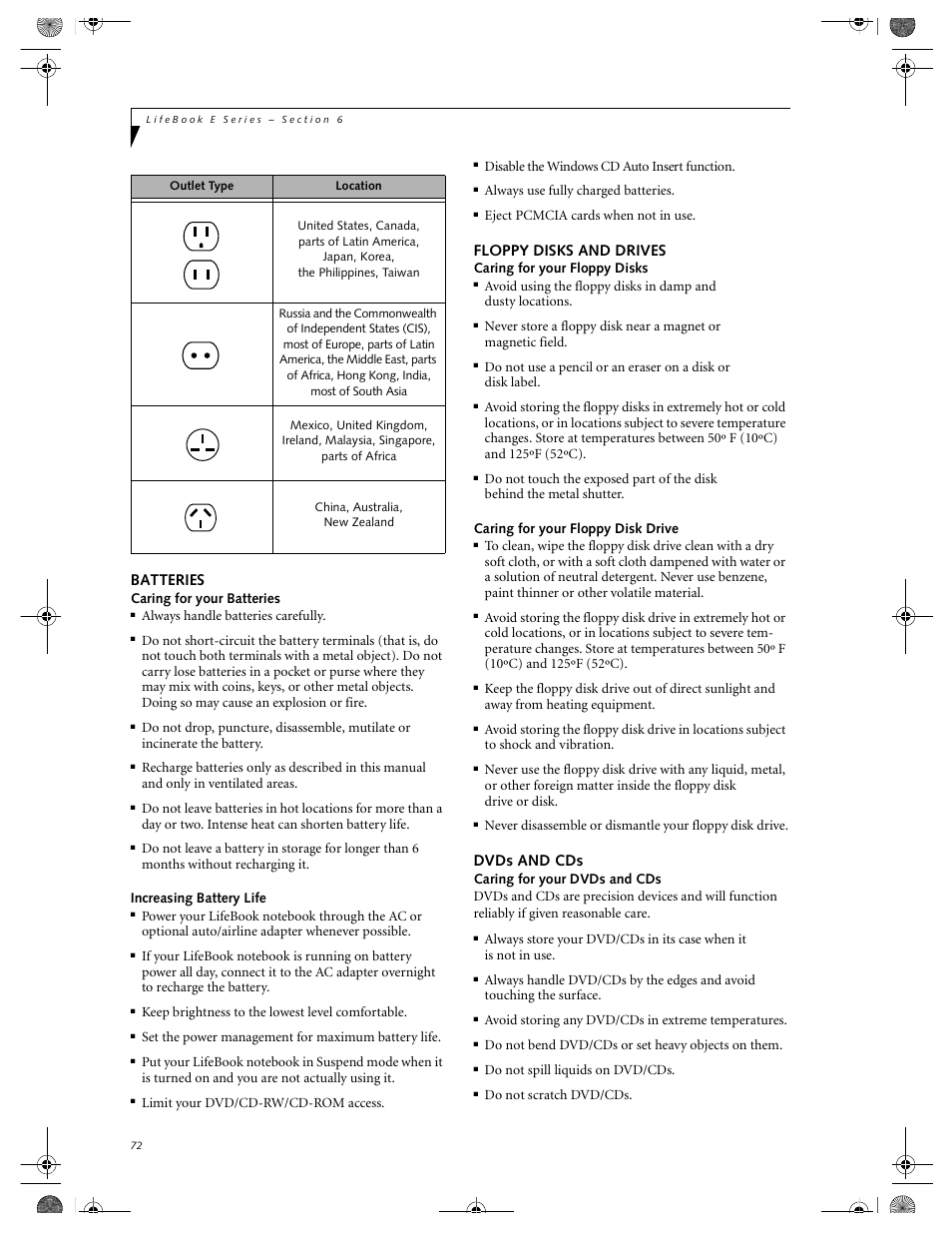 Batteries floppy disks and drives dvds and cds, Batteries, Floppy disks and drives | Dvds and cds | FUJITSU E-6664 User Manual | Page 80 / 104
