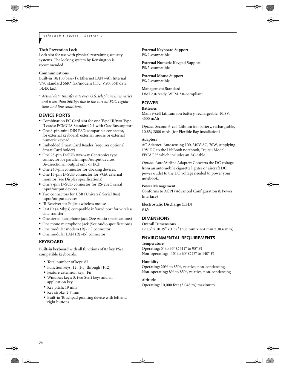 Device ports, Keyboard, Power | Dimensions, Environmental requirements | FUJITSU E-6664 User Manual | Page 86 / 104