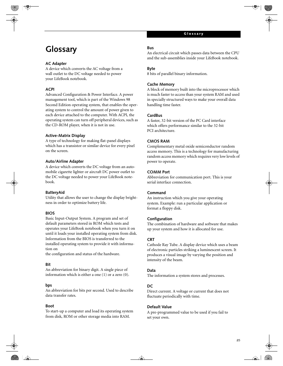 Glossary | FUJITSU E-6664 User Manual | Page 93 / 104