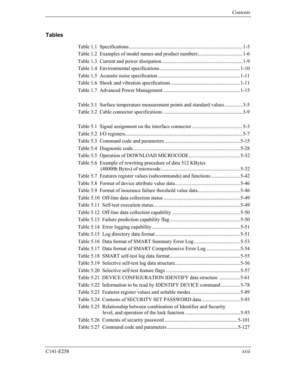 Tables | FUJITSU MHW2060AC User Manual | Page 21 / 278