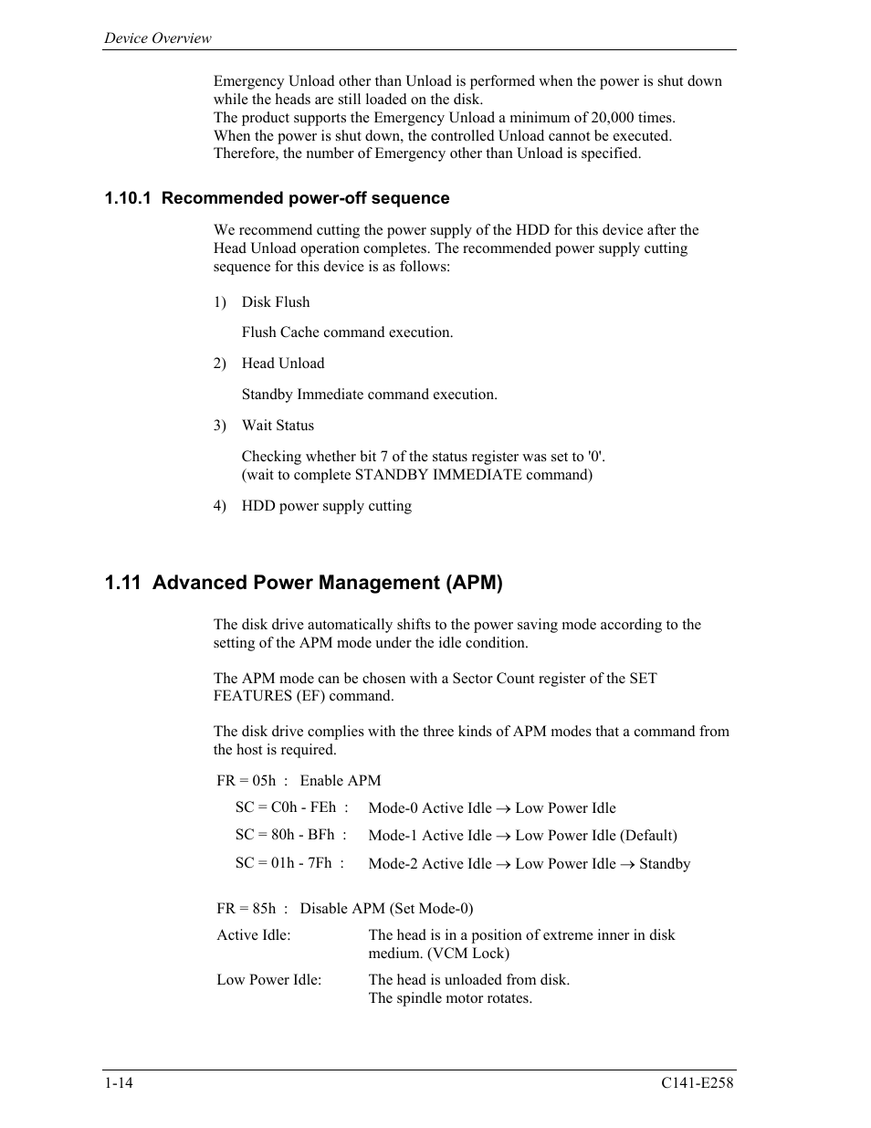 1 recommended power-off sequence, 11 advanced power management (apm) | FUJITSU MHW2060AC User Manual | Page 36 / 278