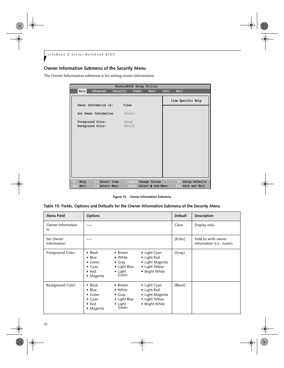 Owner information submenu of the security menu | FUJITSU B2610 User Manual | Page 26 / 35