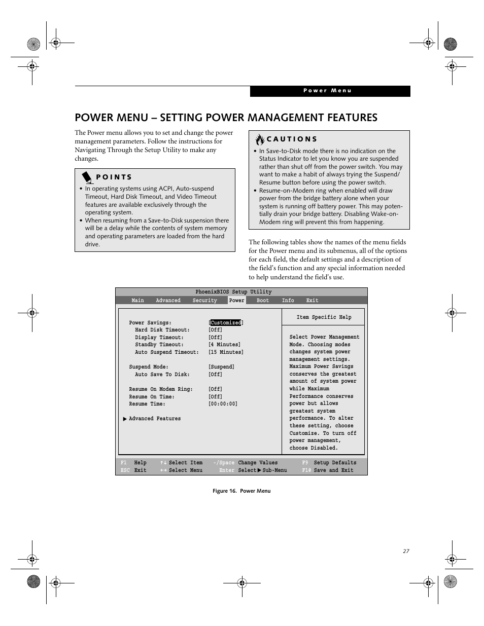 Power menu – setting power management features | FUJITSU B2610 User Manual | Page 27 / 35