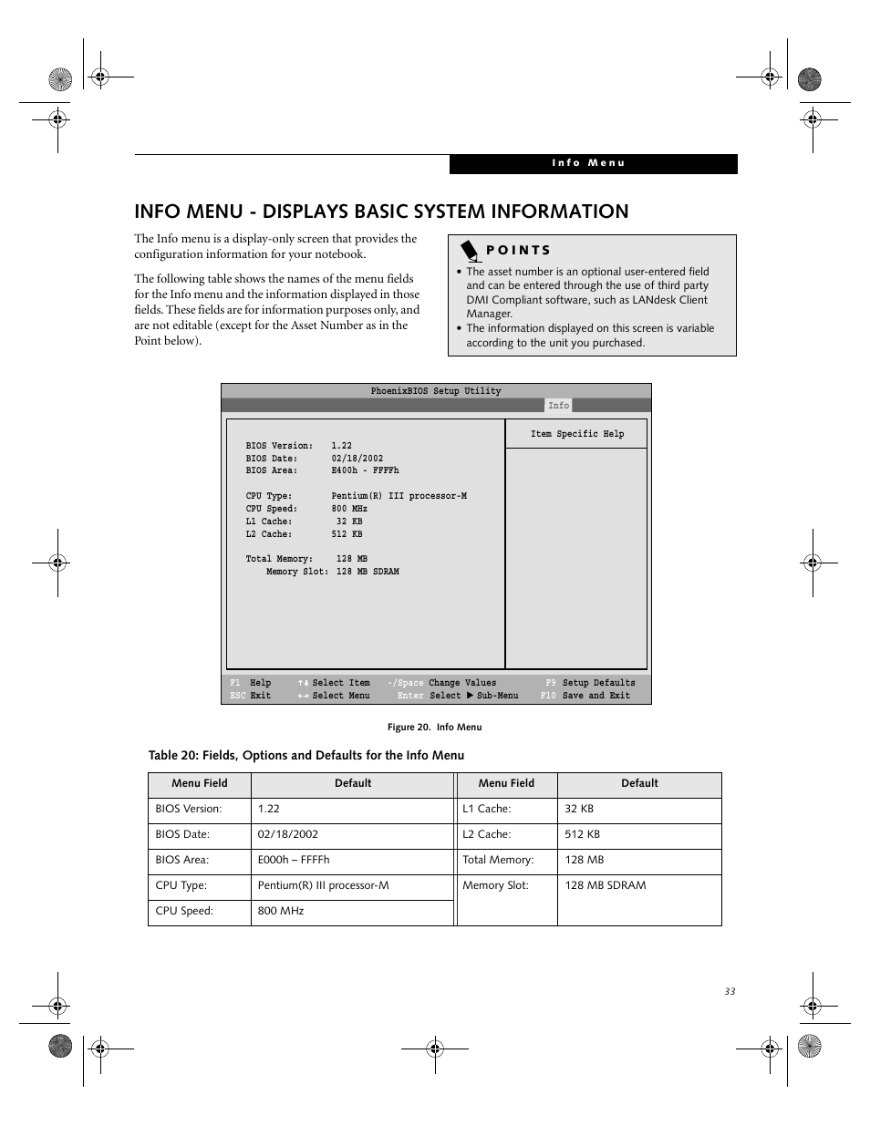 Info menu - displays basic system information | FUJITSU B2610 User Manual | Page 33 / 35