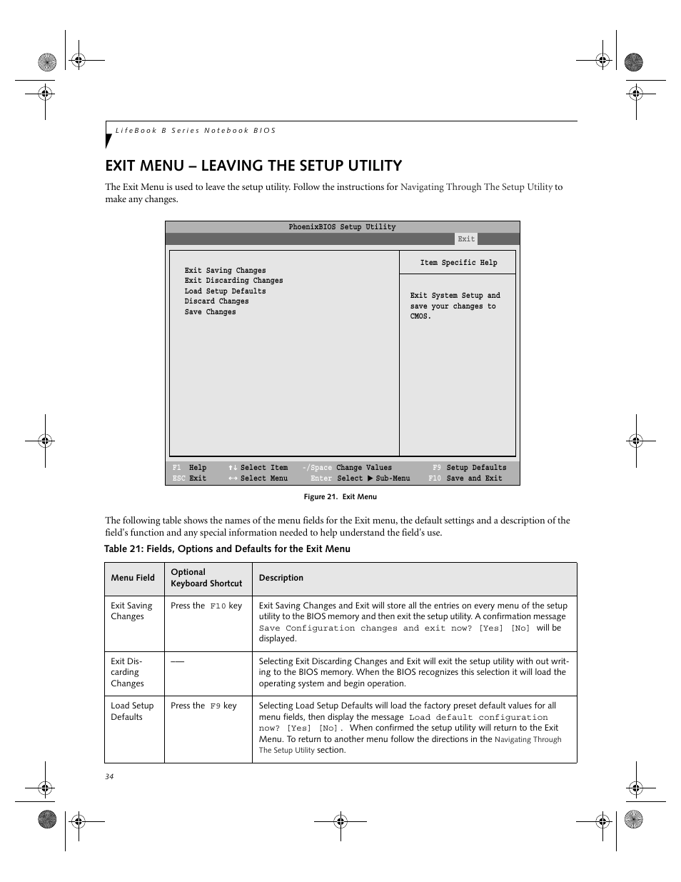 Exit menu – leaving the setup utility | FUJITSU B2610 User Manual | Page 34 / 35