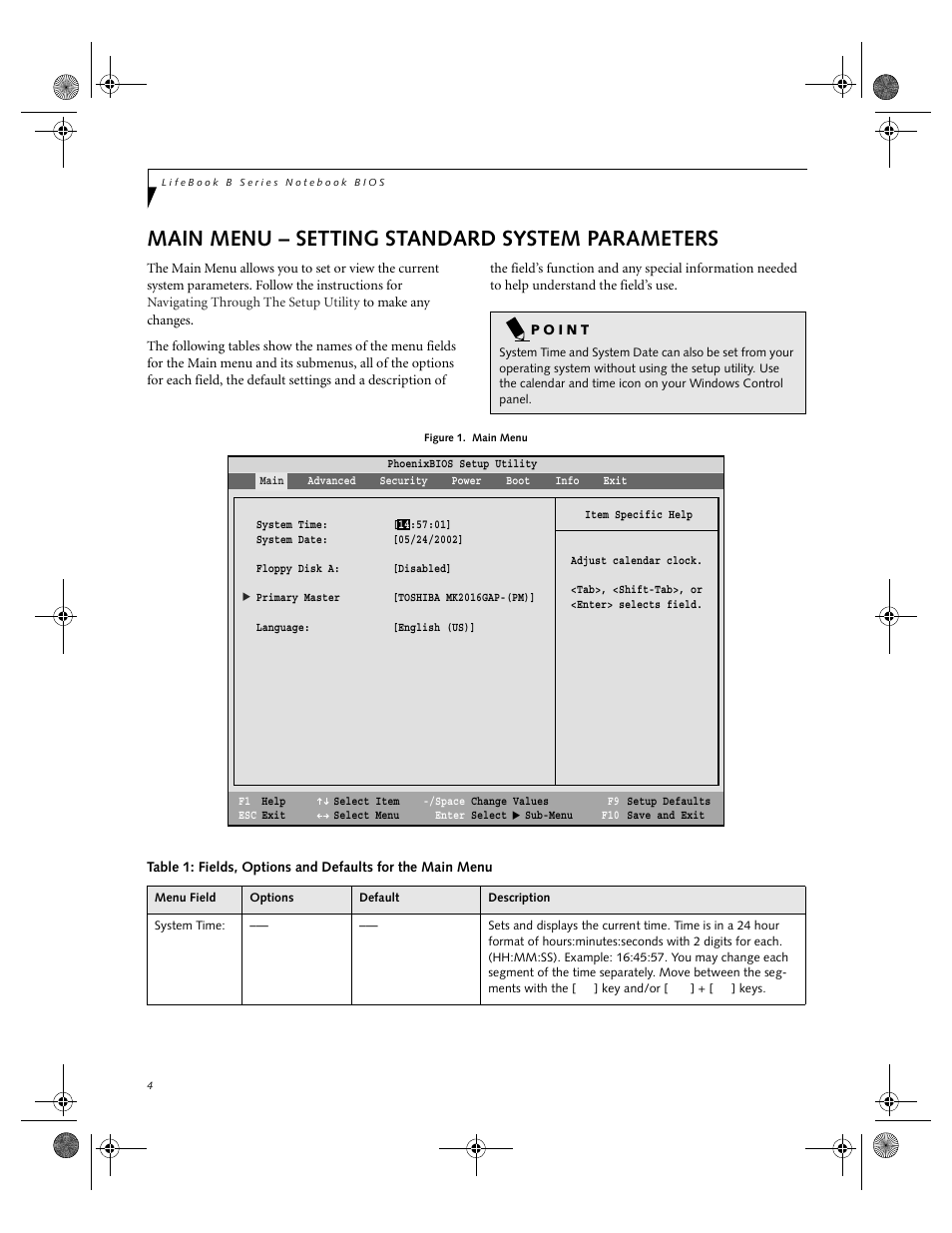 Main menu – setting standard system parameters | FUJITSU B2610 User Manual | Page 4 / 35