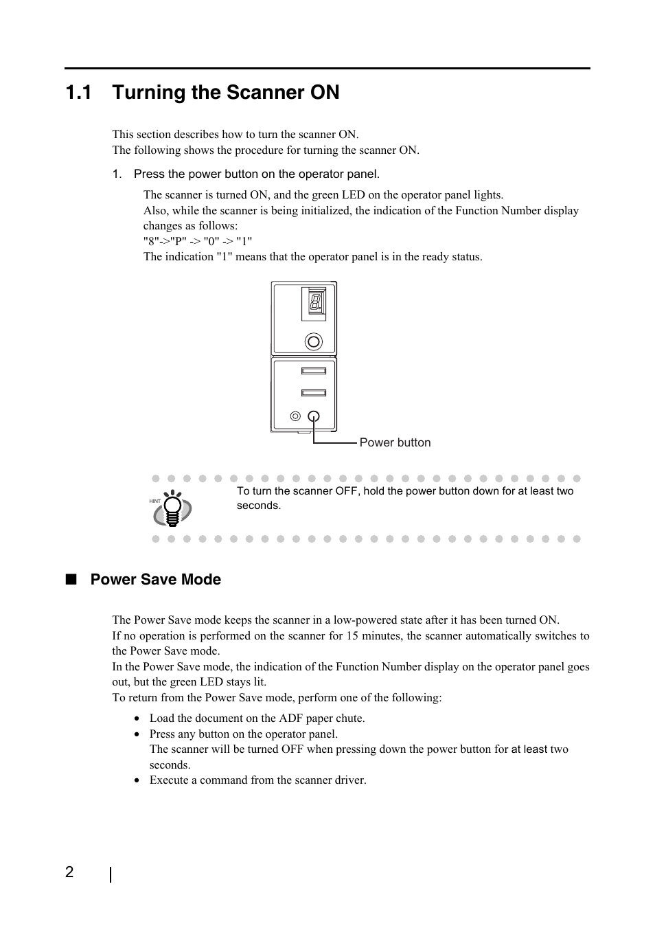 1 turning the scanner on, Power save mode | FUJITSU fi-4120C2 User Manual | Page 18 / 130