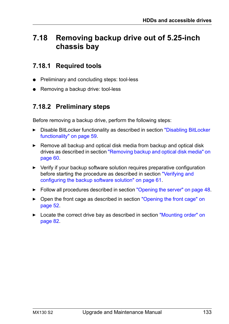 1 required tools, 2 preliminary steps, Removing backup drive out of 5.25-inch chassis bay | Required tools, Preliminary steps | FUJITSU PRIMERGY MX130 S2 User Manual | Page 133 / 256