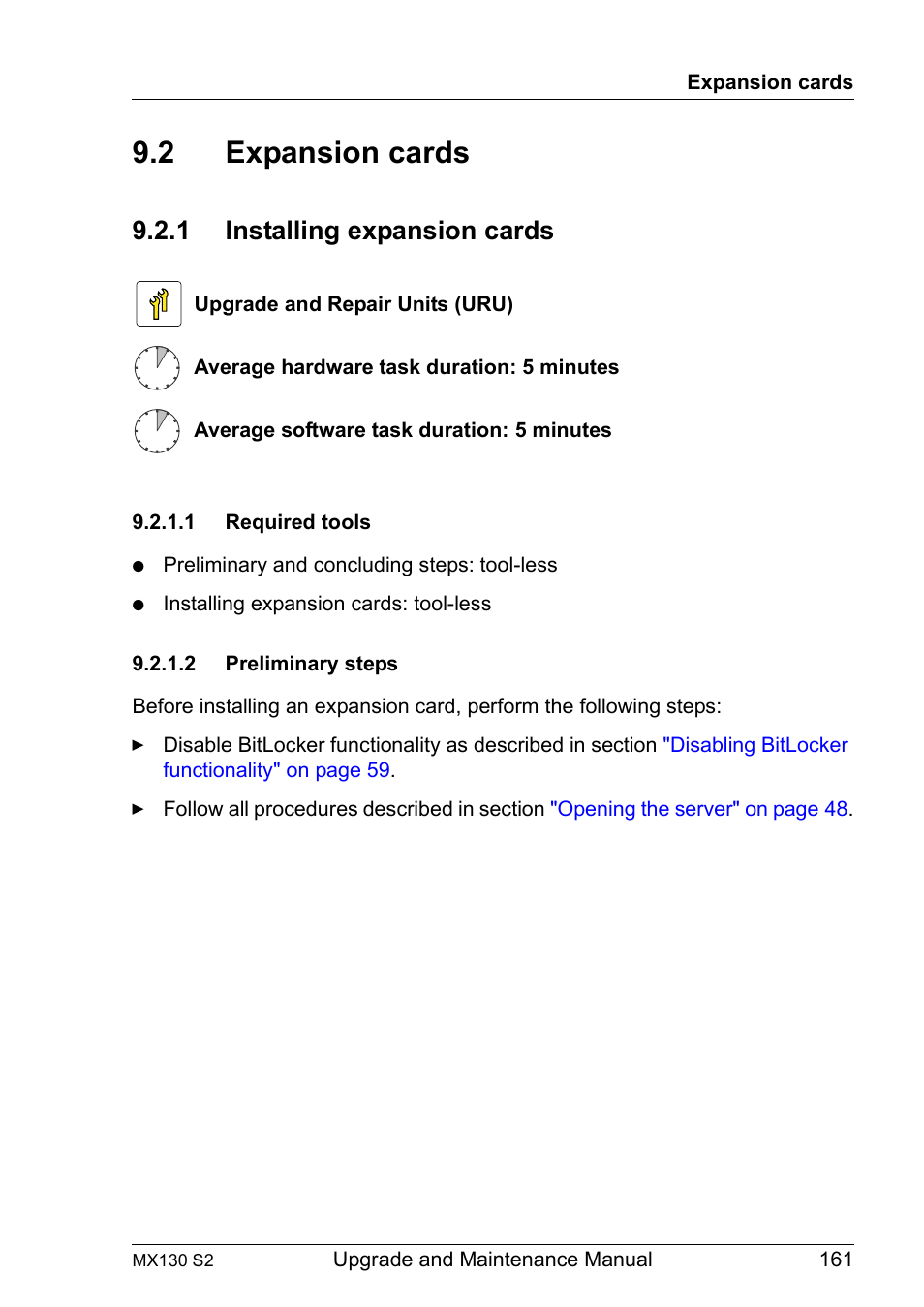 2 expansion cards, 1 installing expansion cards, 1 required tools | 2 preliminary steps, Expansion cards, Installing expansion cards, Required tools, Preliminary steps | FUJITSU PRIMERGY MX130 S2 User Manual | Page 161 / 256