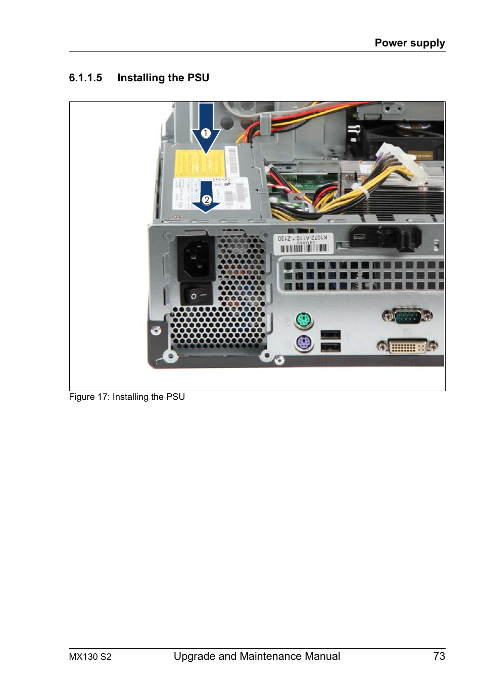 5 installing the psu, Installing the psu | FUJITSU PRIMERGY MX130 S2 User Manual | Page 73 / 256