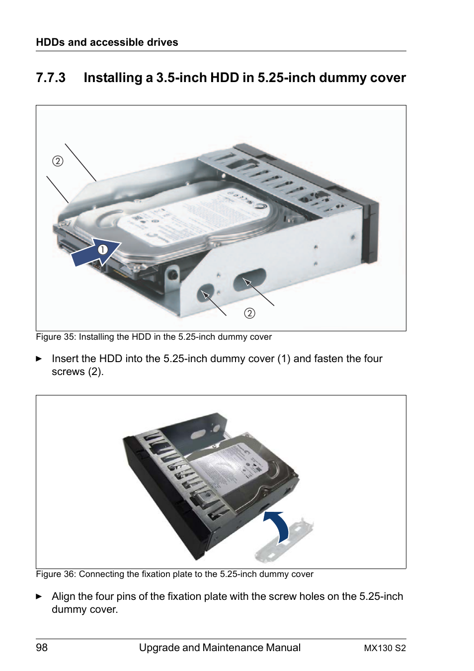 Installing a 3.5-inch hdd in 5.25-inch dummy cover | FUJITSU PRIMERGY MX130 S2 User Manual | Page 98 / 256