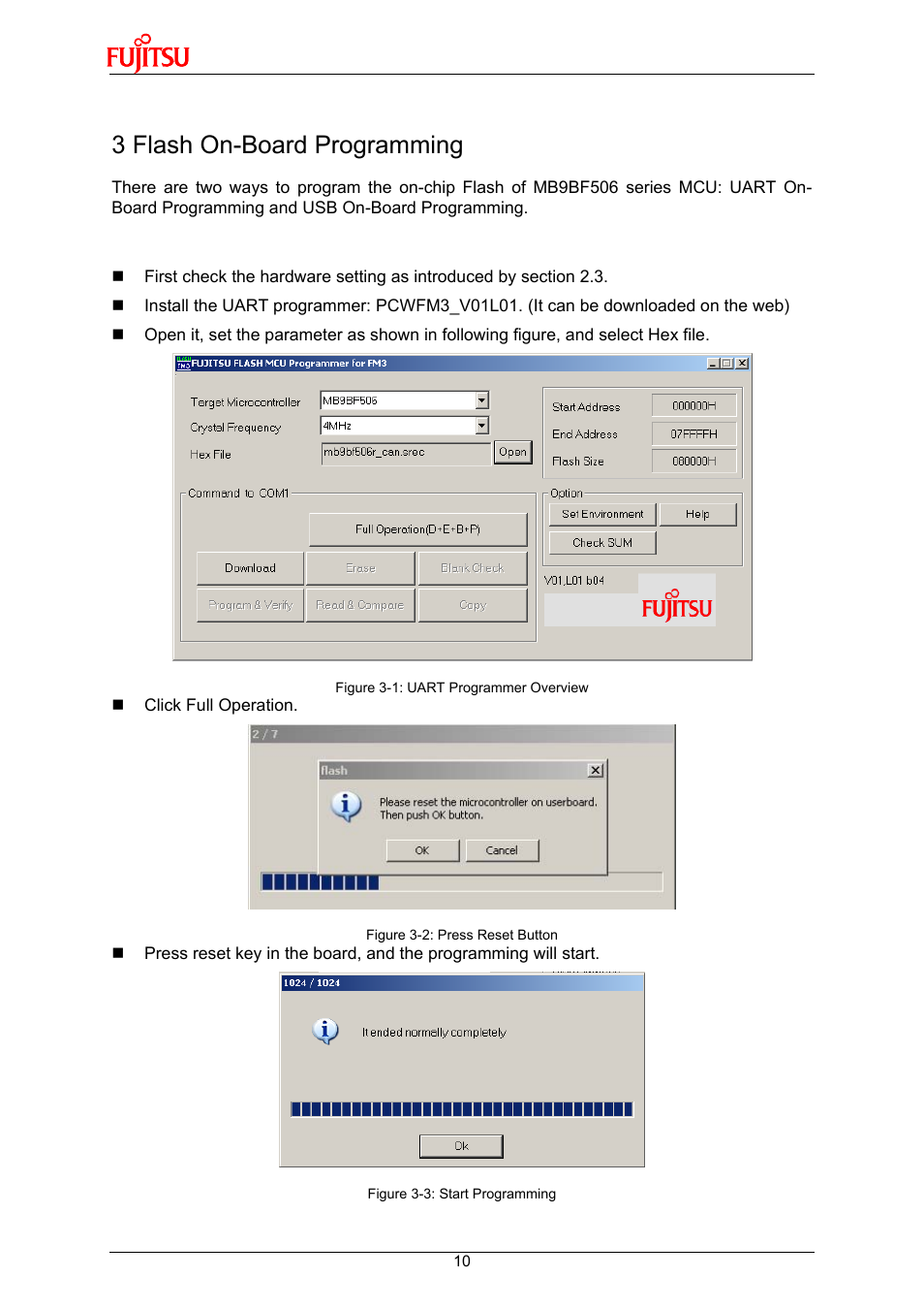 3 flash on-board programming, 1 on-board programming via uart | FUJITSU 32-Bit Microcontroller MB9B500 Series User Manual | Page 10 / 34
