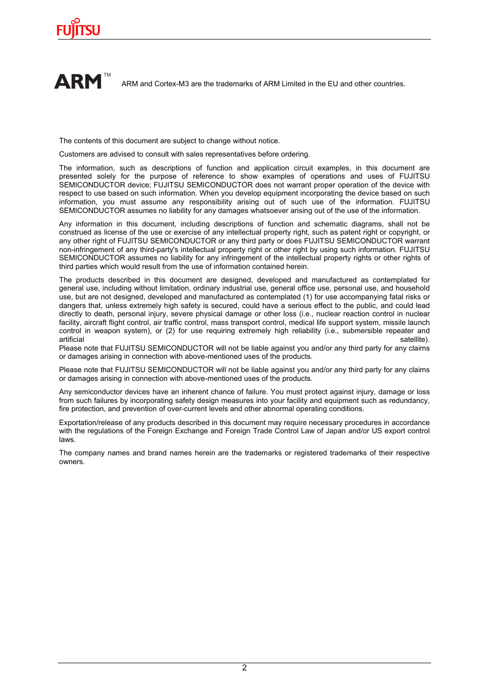 All rights reserved | FUJITSU 32-Bit Microcontroller MB9B500 Series User Manual | Page 2 / 34