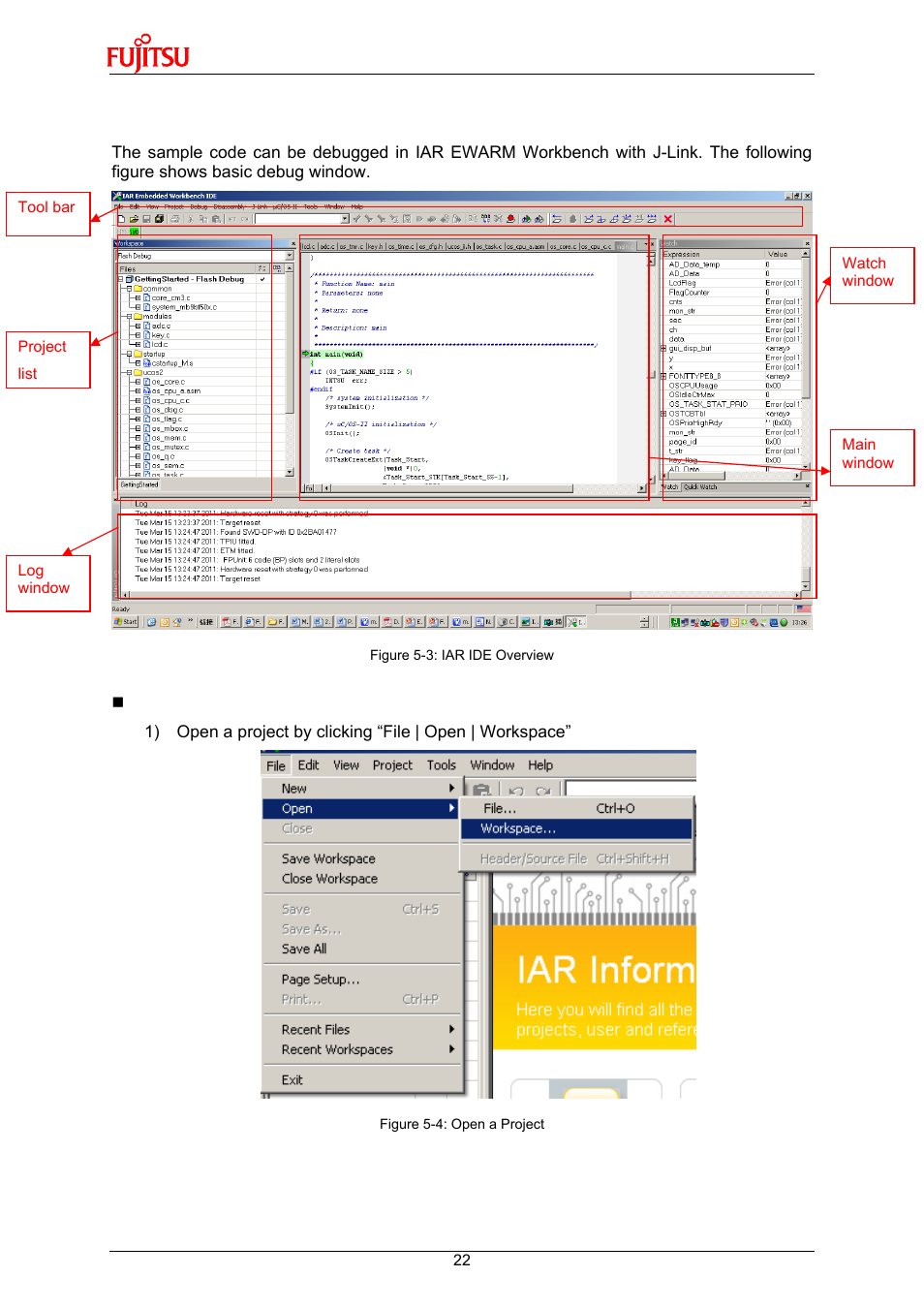 1 debug with j-link in iar ewarm workbench | FUJITSU 32-Bit Microcontroller MB9B500 Series User Manual | Page 22 / 34