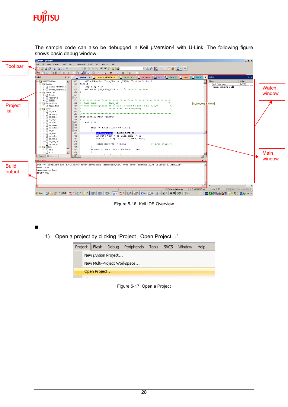 2 debug with u-link me in keil uvision4 | FUJITSU 32-Bit Microcontroller MB9B500 Series User Manual | Page 28 / 34