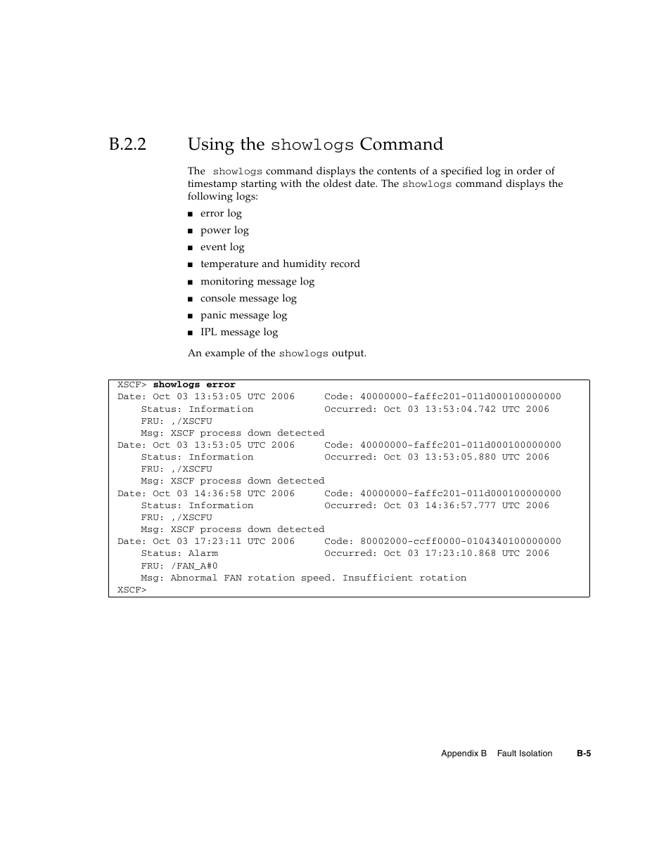 B.2.2 using the showlogs command, B.2.2, Using the showlogs | FUJITSU SPARC M4000/M5000 User Manual | Page 61 / 76