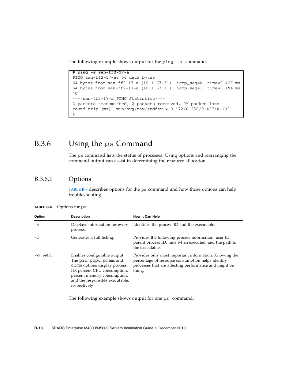 B.3.6 using the ps command, B.3.6.1 options, B.3.6 | Using the, B.3.6.1, Options, B–18 | FUJITSU SPARC M4000/M5000 User Manual | Page 74 / 76