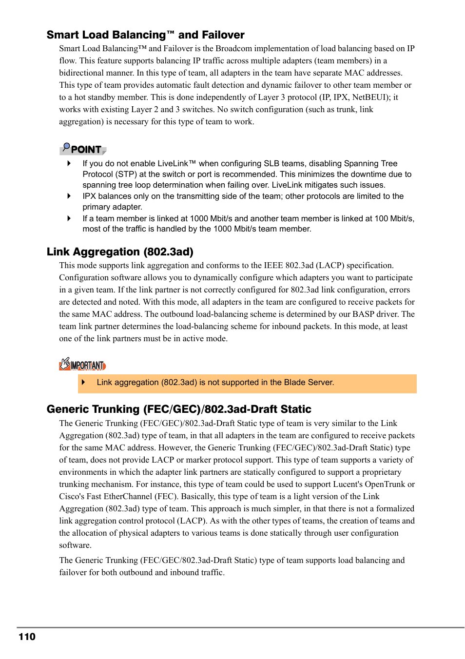 Smart load balancing™ and failover"(pg.110), Link aggregation (802.3ad)"(pg.110), Smart load balancing™ and failover | Link aggregation (802.3ad), Generic trunking (fec/gec)/802.3ad-draft static | FUJITSU PG-FCS102 User Manual | Page 10 / 98