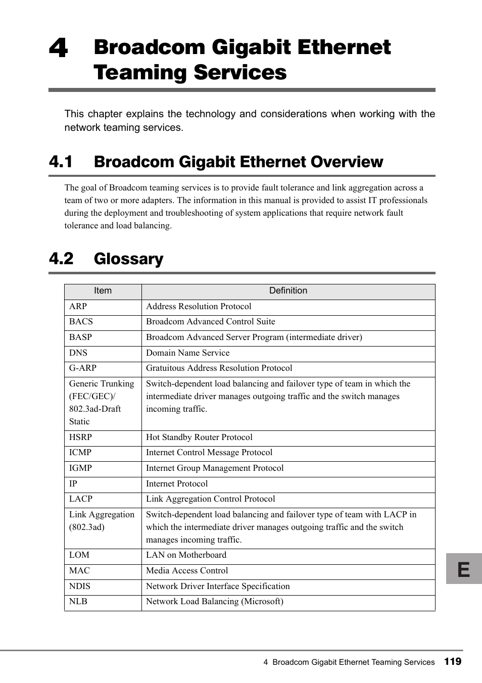 4 broadcom gigabit ethernet teaming services, 1 broadcom gigabit ethernet overview, 2 glossary | Broadcom gigabit ethernet overview, Glossary, Broadcom gigabit ethernet teaming services | FUJITSU PG-FCS102 User Manual | Page 19 / 98