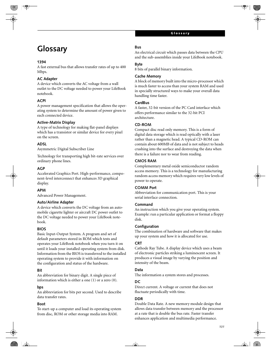 Glossary | FUJITSU LIFEBOOK C2111 User Manual | Page 107 / 116
