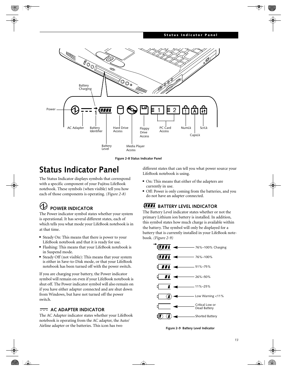 Status indicator panel, Power indicator, Ac adapter indicator | Battery level indicator | FUJITSU LIFEBOOK C2111 User Manual | Page 19 / 116