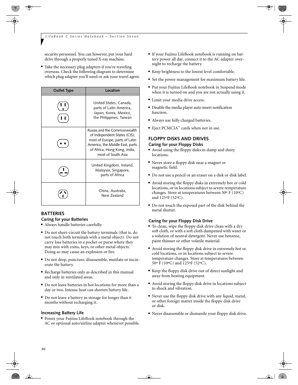 Batteries, Floppy disks and drives | FUJITSU LIFEBOOK C2111 User Manual | Page 92 / 116
