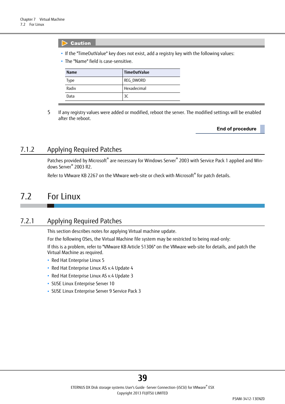 2 applying required patches, 2 for linux, 1 applying required patches | FUJITSU Eturneus Disk Storage System (ISCSI) for VMware ESX User Manual | Page 39 / 42