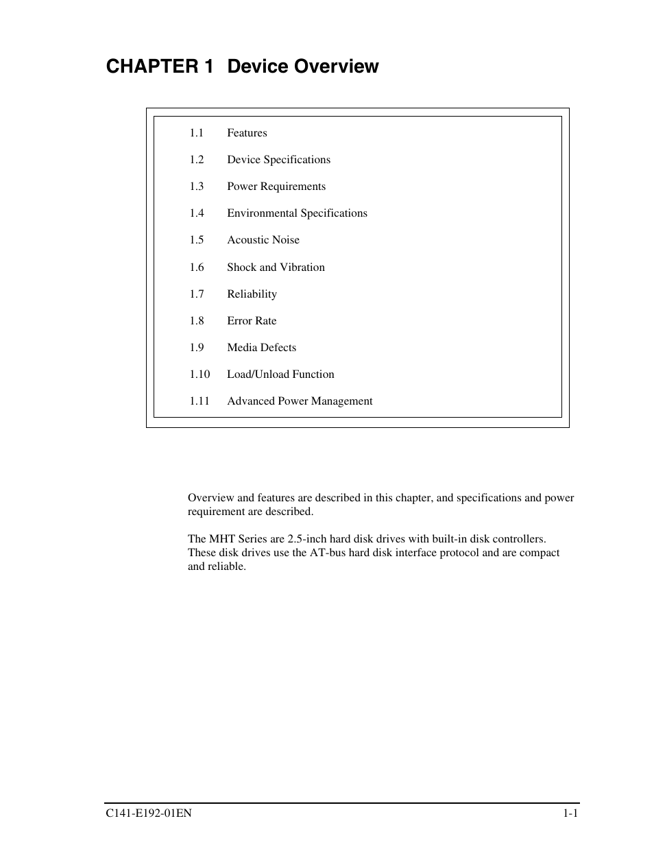 Chapter 1 device overview | FUJITSU MHT2060AT User Manual | Page 21 / 256