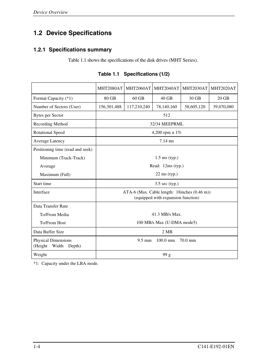 2 device specifications, 1 specifications summary | FUJITSU MHT2060AT User Manual | Page 24 / 256