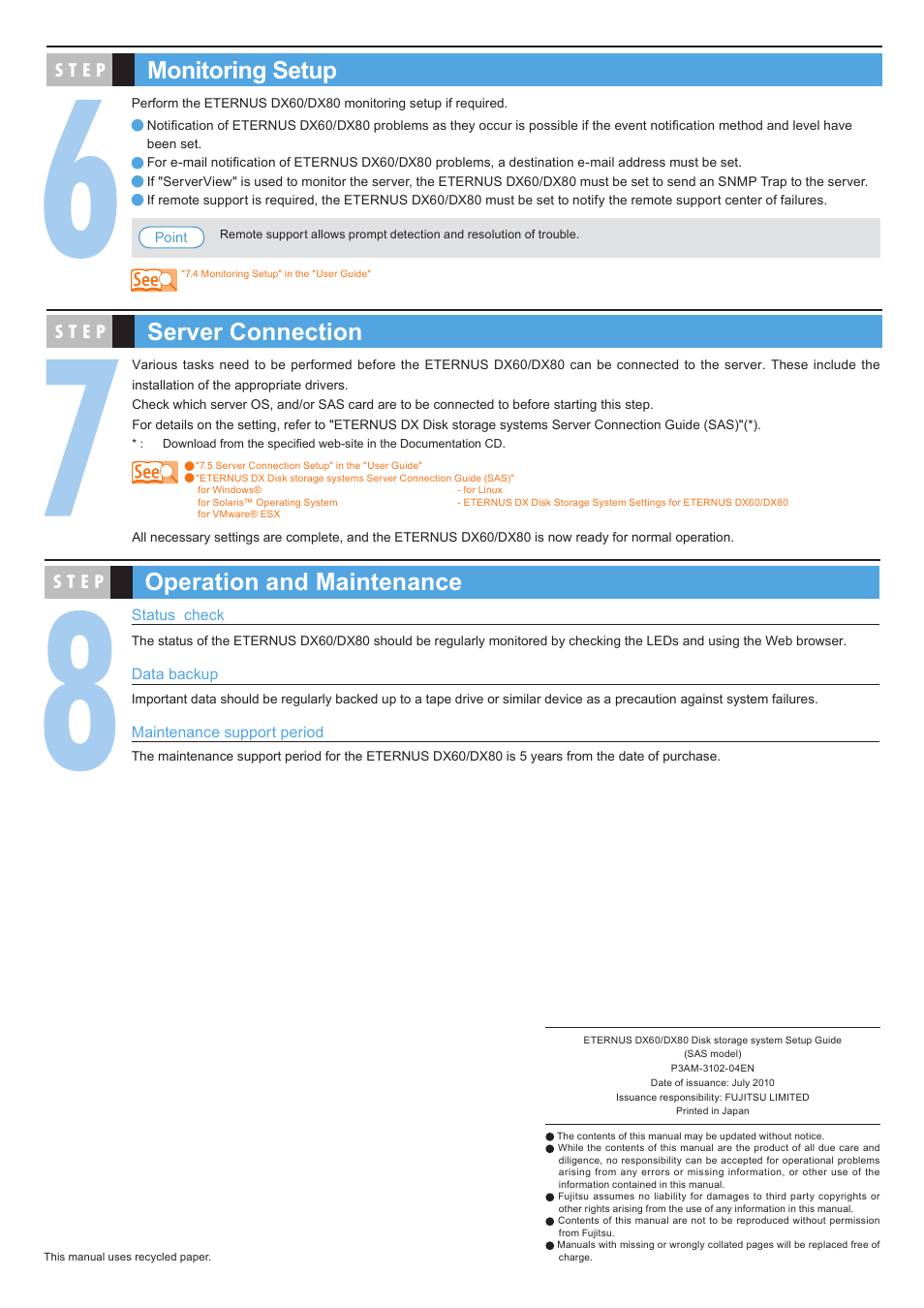 Monitoring setup, Server connection, Operation and maintenance | S t e p | FUJITSU ETERNUS DX80 User Manual | Page 4 / 4