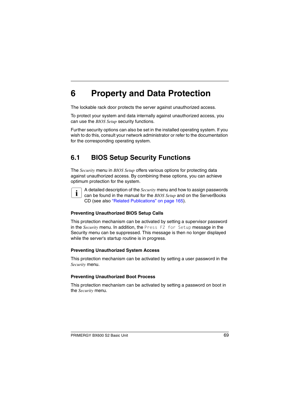Property and data protection, Bios setup security functions, 6property and data protection | 1 bios setup security functions | FUJITSU PRIMERGY BX600 S2 User Manual | Page 69 / 173