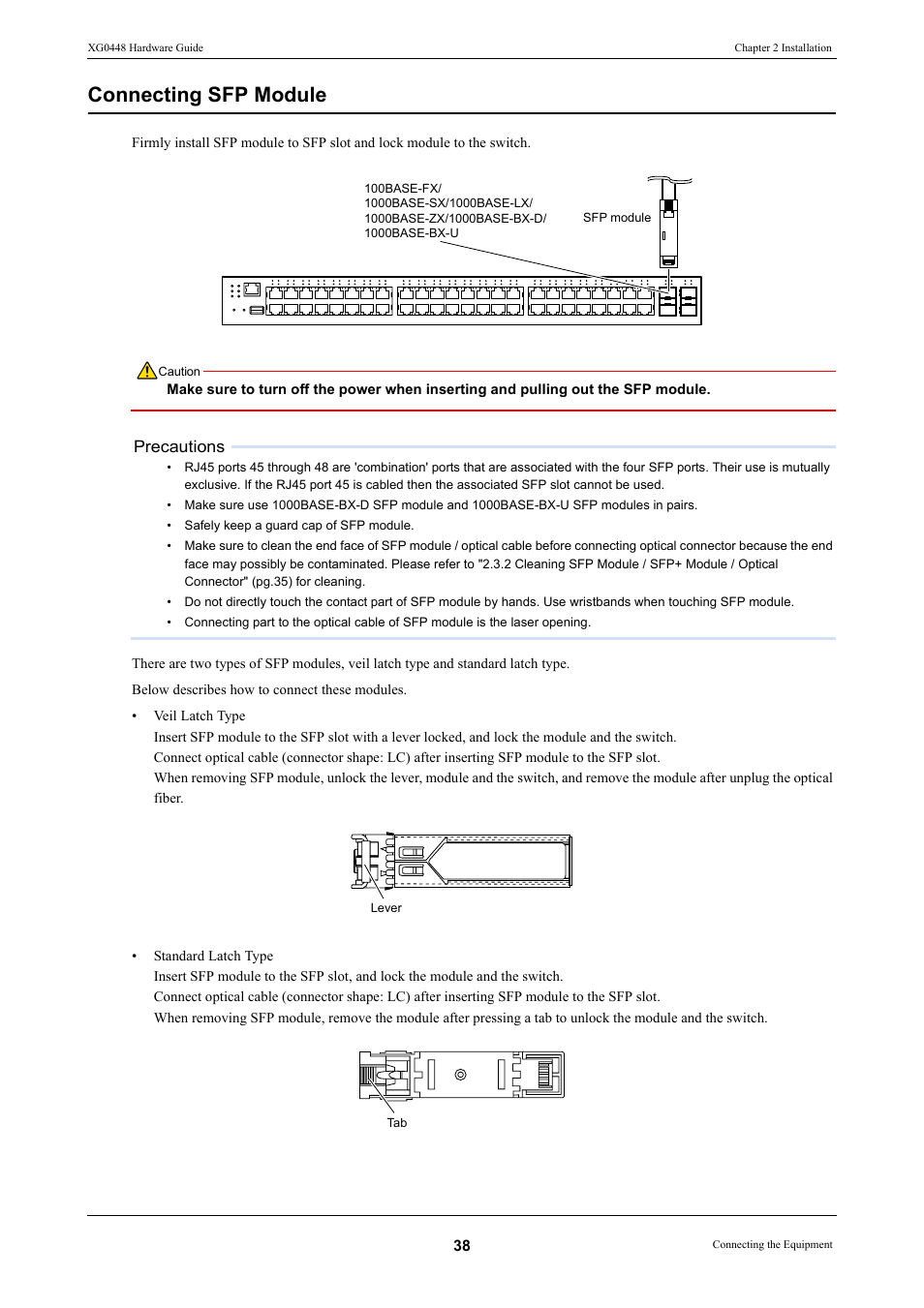 Connecting sfp module, Precautions | FUJITSU XG0448 User Manual | Page 38 / 49
