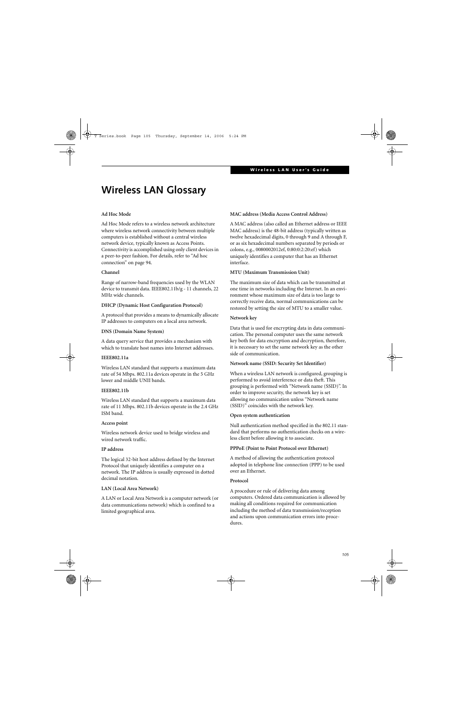 Wireless lan glossary | FUJITSU T4215 User Manual | Page 113 / 136