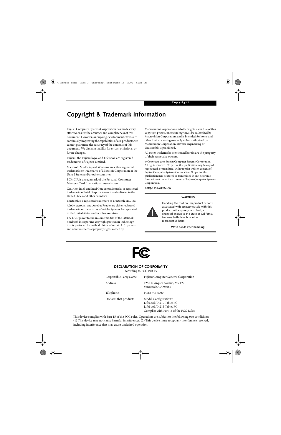 Copyright & trademark information | FUJITSU T4215 User Manual | Page 3 / 136