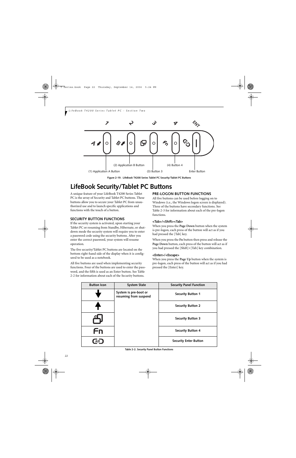Lifebook security/tablet pc buttons | FUJITSU T4215 User Manual | Page 30 / 136