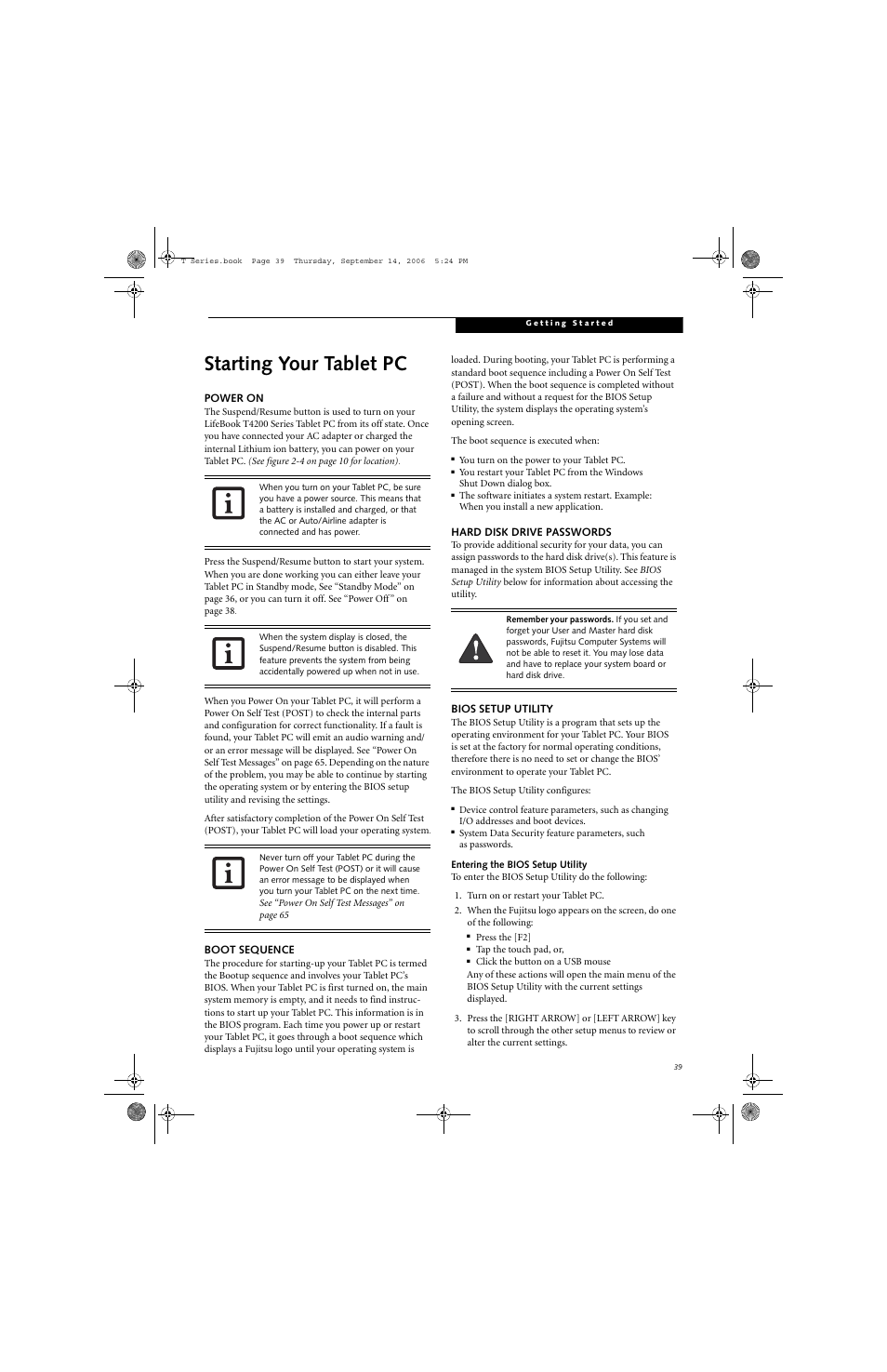 Starting your tablet pc | FUJITSU T4215 User Manual | Page 47 / 136