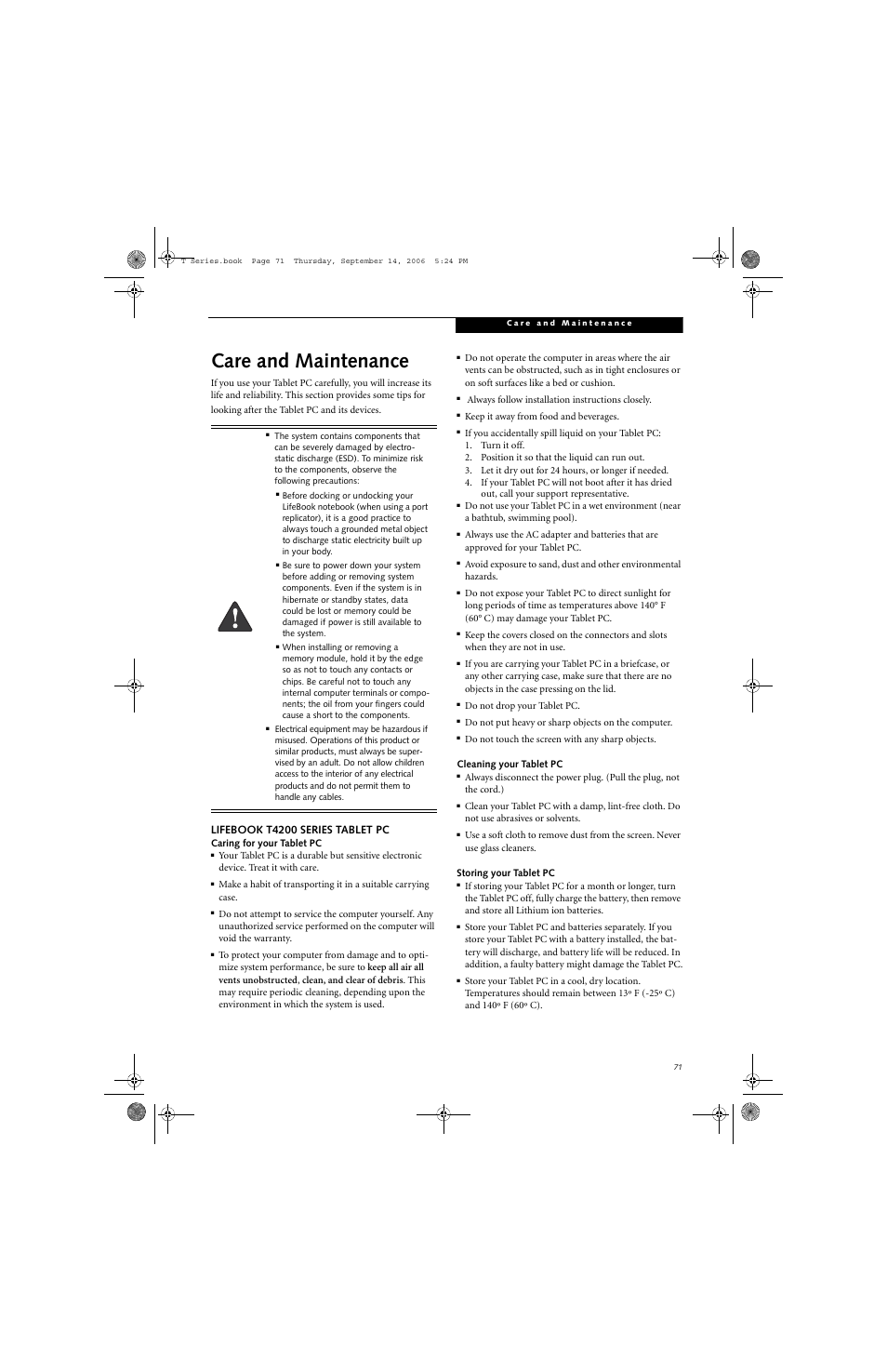 Care and maintenance, Lifebook t4200 series tablet pc | FUJITSU T4215 User Manual | Page 79 / 136