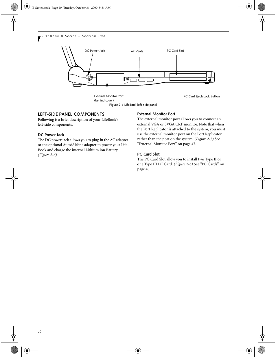 Left-side panel components, Dc power jack, External monitor port | Pc card slot | FUJITSU Laptop User Manual | Page 18 / 96