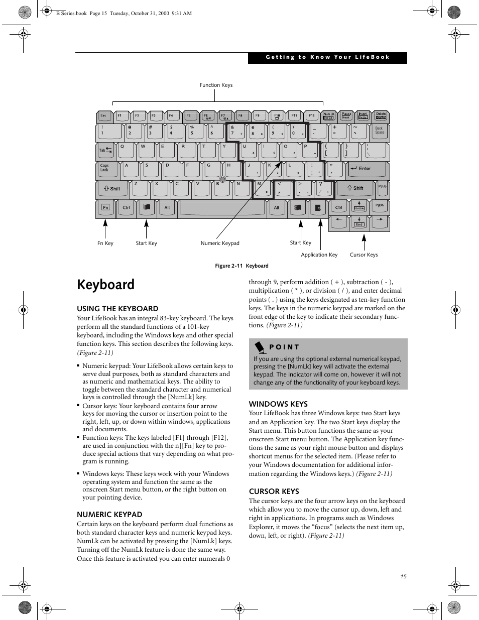 Using the keyboard, Numeric keypad, Windows keys | Cursor keys, Keyboard, Using the keyboard numeric keypad, Windows keys cursor keys | FUJITSU Laptop User Manual | Page 23 / 96