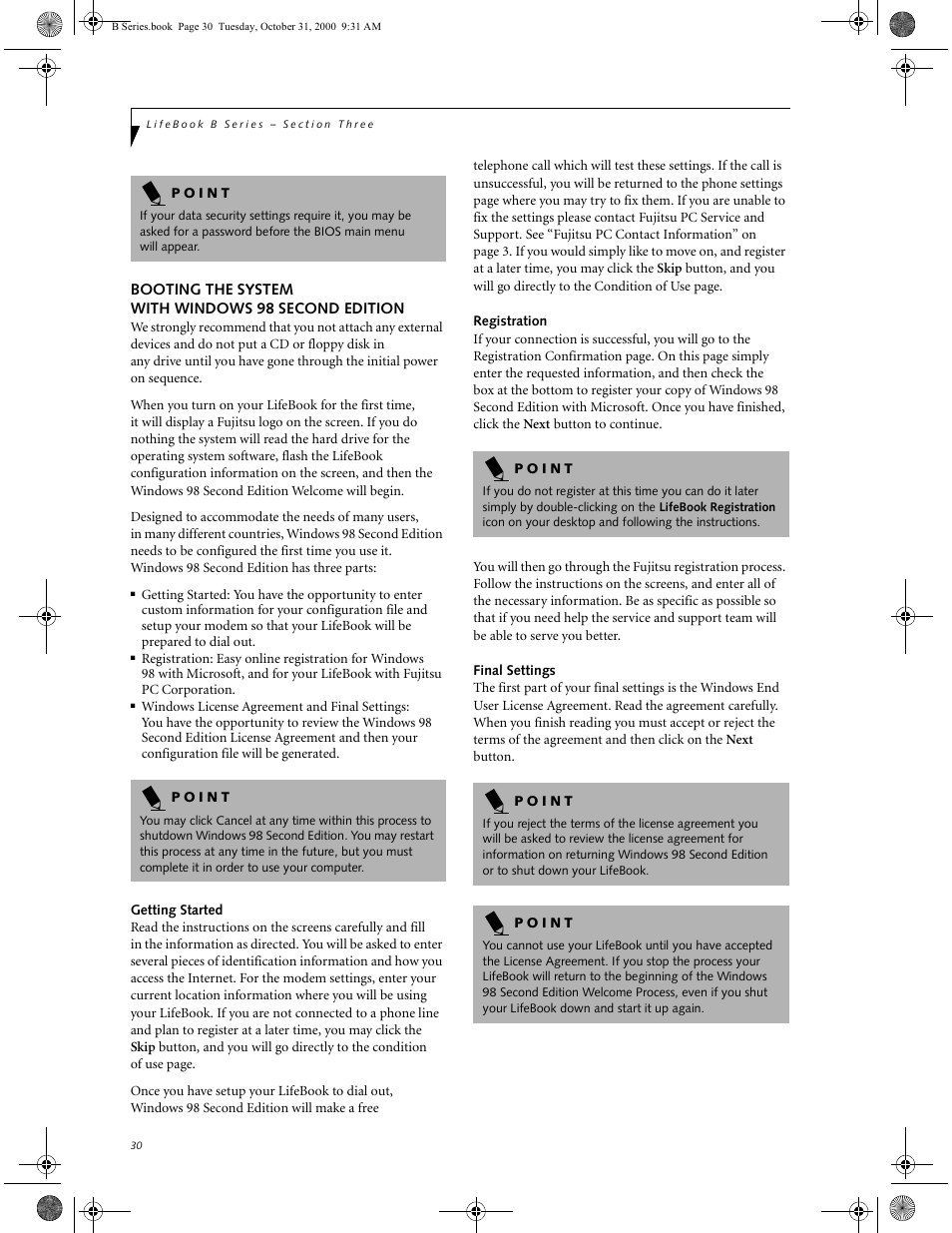 Booting the system with windows 98 second edition, Getting started, Registration | Final settings, Booting the system, With windows 98 second edition | FUJITSU Laptop User Manual | Page 38 / 96