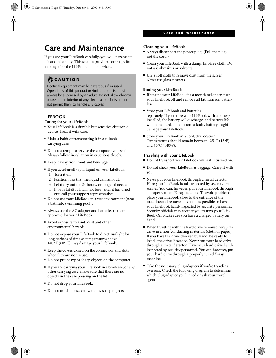 Lifebook, Cleaning your lifebook, Storing your lifebook | Traveling with your lifebook, Care and maintenance | FUJITSU Laptop User Manual | Page 75 / 96