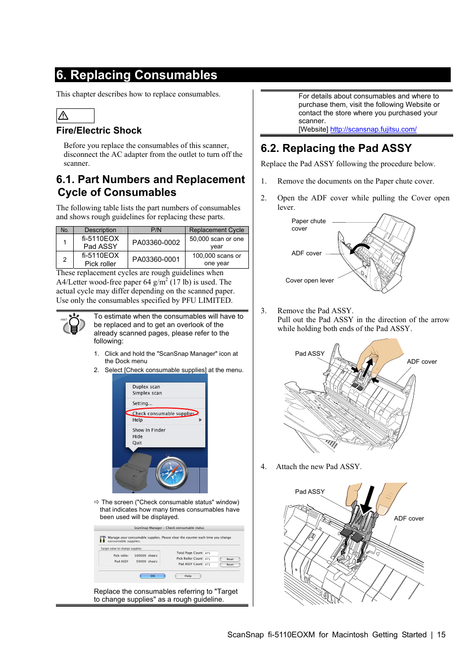Replacing consumables, Part numbers and replacement cycle of consumables, Replacing the pad assy | In “ 6.2. replacing the pad assy, Part numbers and replacement le of consumables cyc, Fire/electric shock | FUJITSU SCANSNAP FI-5110EOXM User Manual | Page 17 / 20
